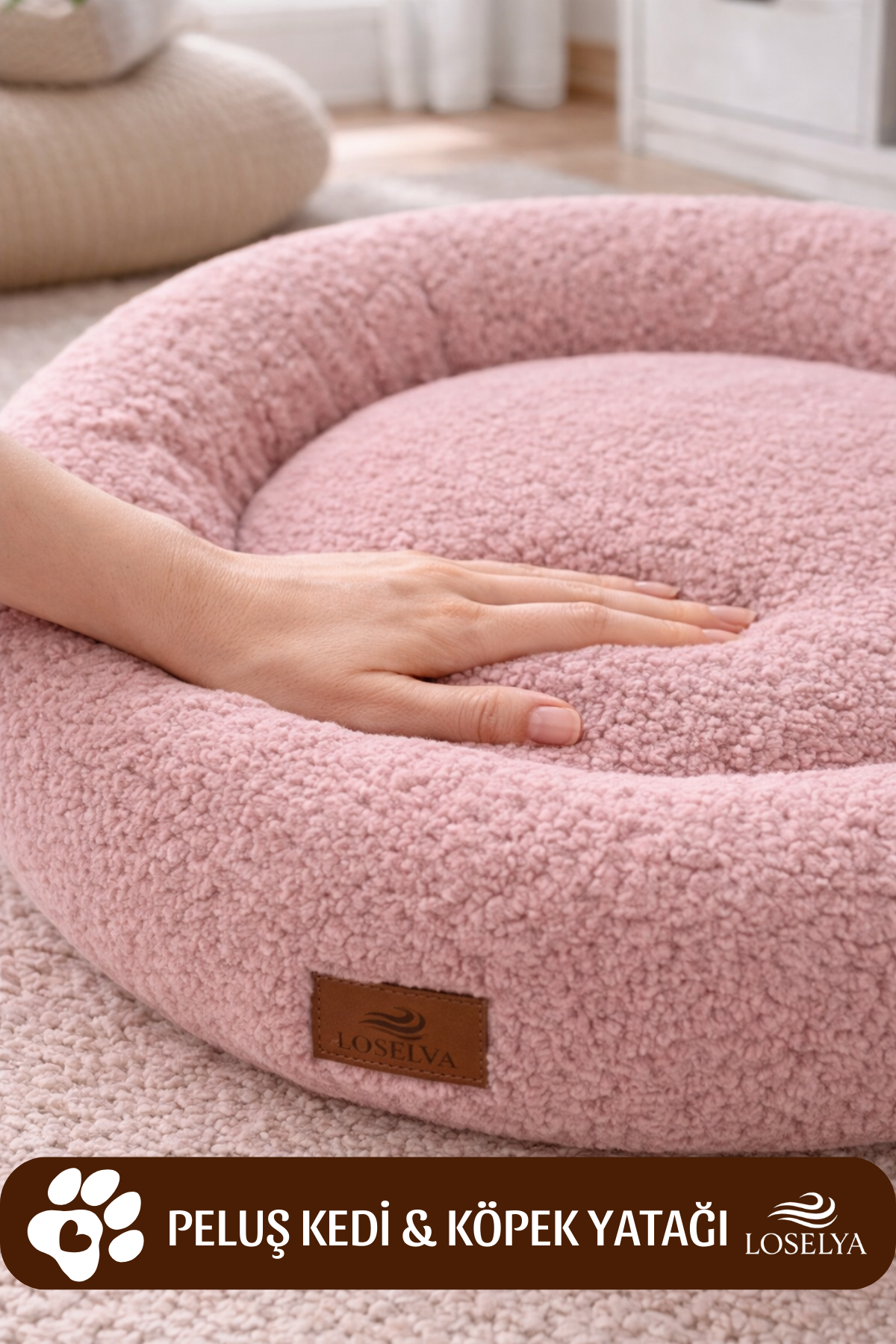 Pembe Peluş Kedi ve Köpek Yatağı 52 cm Yıkanabilir Pofuduk Yumuşak Doku Simit Kedi Köpek Yatağı 1 Adet