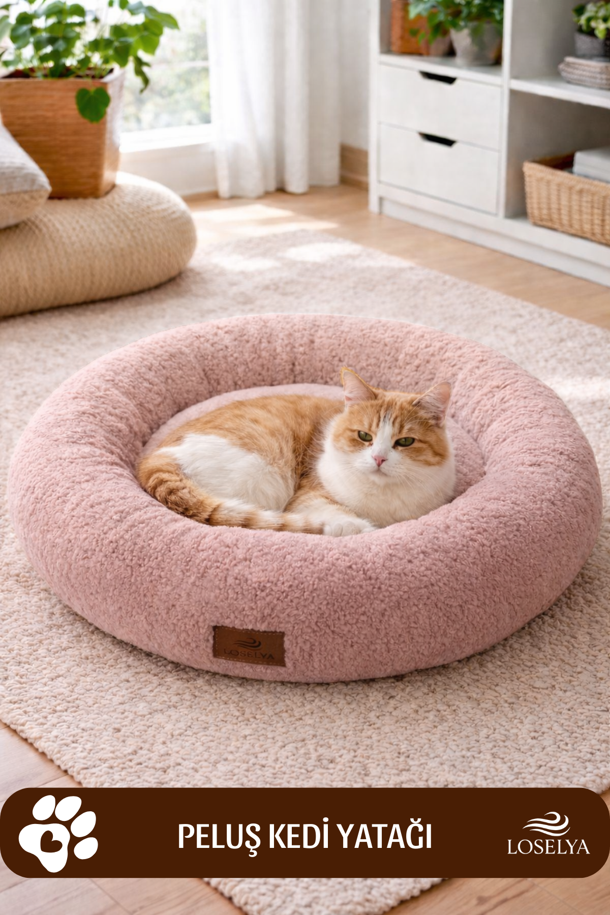 Pembe Peluş Kedi ve Köpek Yatağı 52 cm Yıkanabilir Pofuduk Yumuşak Doku Simit Kedi Köpek Yatağı 1 Adet