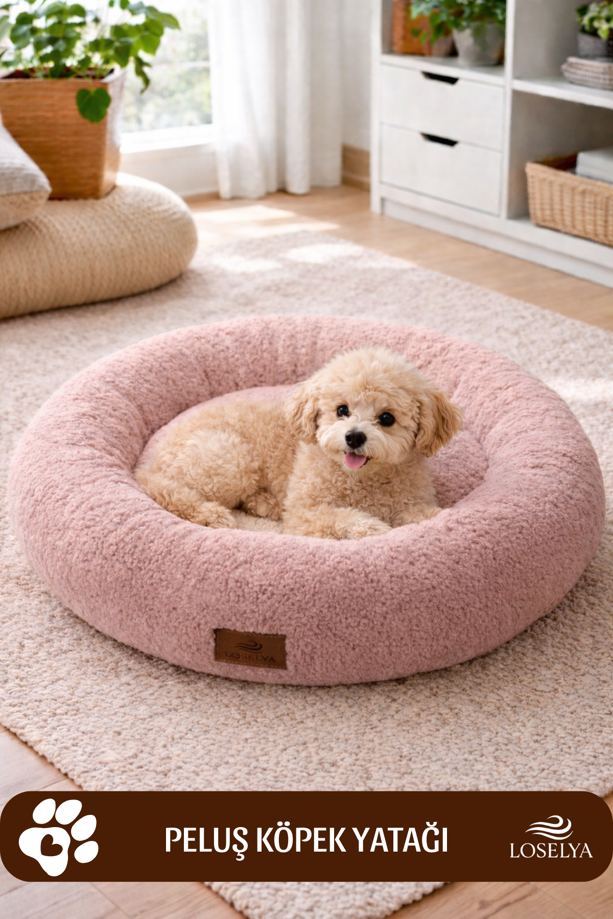 Pembe Peluş Kedi ve Köpek Yatağı 52 cm Yıkanabilir Pofuduk Yumuşak Doku Simit Kedi Köpek Yatağı 1 Adet