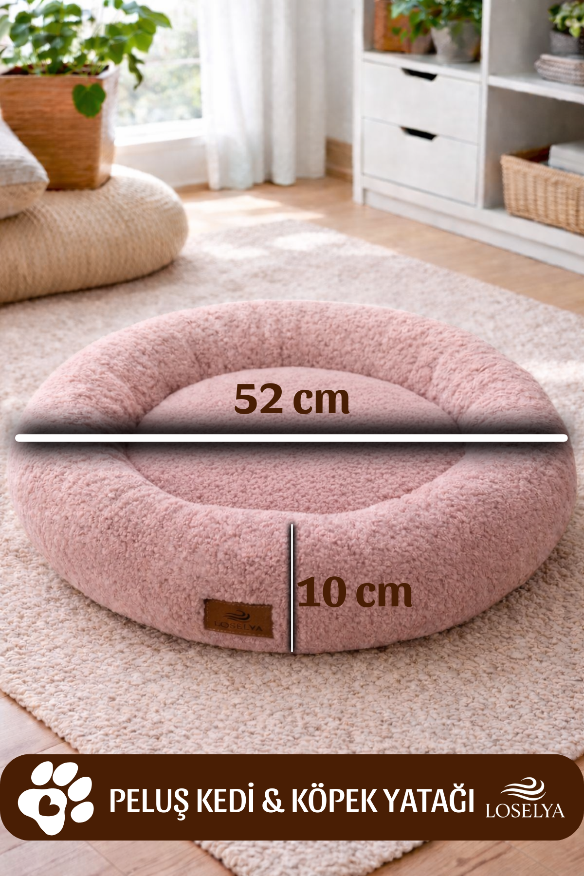 Pembe Peluş Kedi ve Köpek Yatağı 52 cm Yıkanabilir Pofuduk Yumuşak Doku Simit Kedi Köpek Yatağı 1 Adet