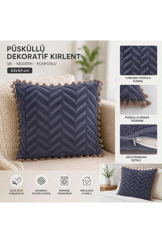 Antrasit Modern Püsküllü Dekoratif Kırlent Kılıfı - Yumuşak Dokulu, Gizli Fermuarlı, Makinede Yıkanabilir