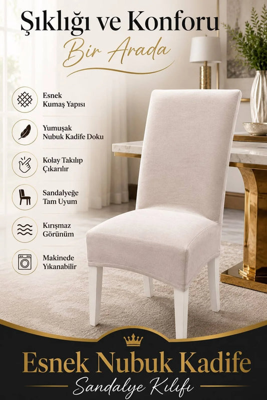 Vizon Nubuk Kadife Ultra Soft Yumuşak Esnek Sandalye Kılıfı - Yüksek Sırtlı Sandalye Uyumlu - Tam Koruma